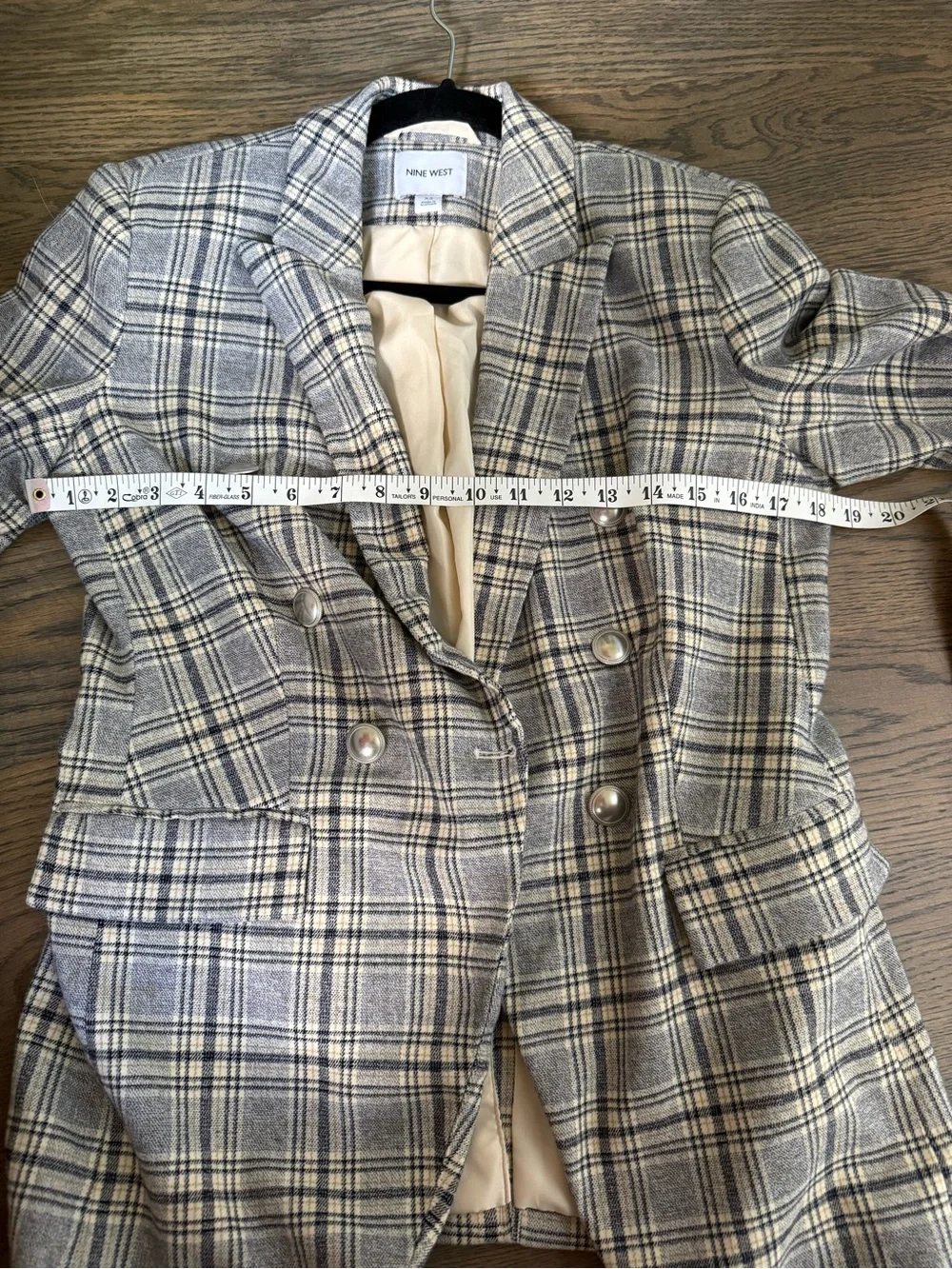 Nine West Gray Plaid Double-Breasted Blazer with silver buttons. XS, like new
